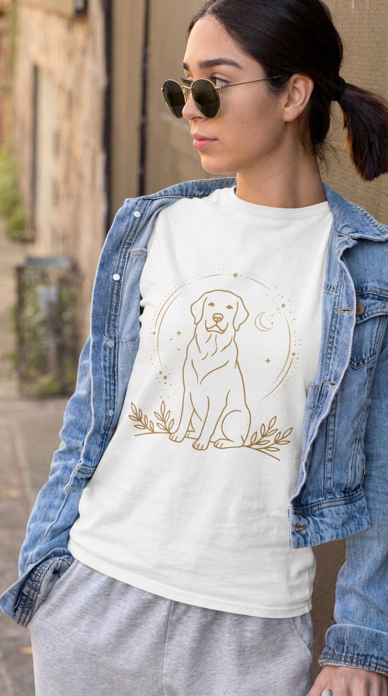 Yellow Labrador Line Art T-Shirt | Minimal Dog Illustration, Botanical Accents
