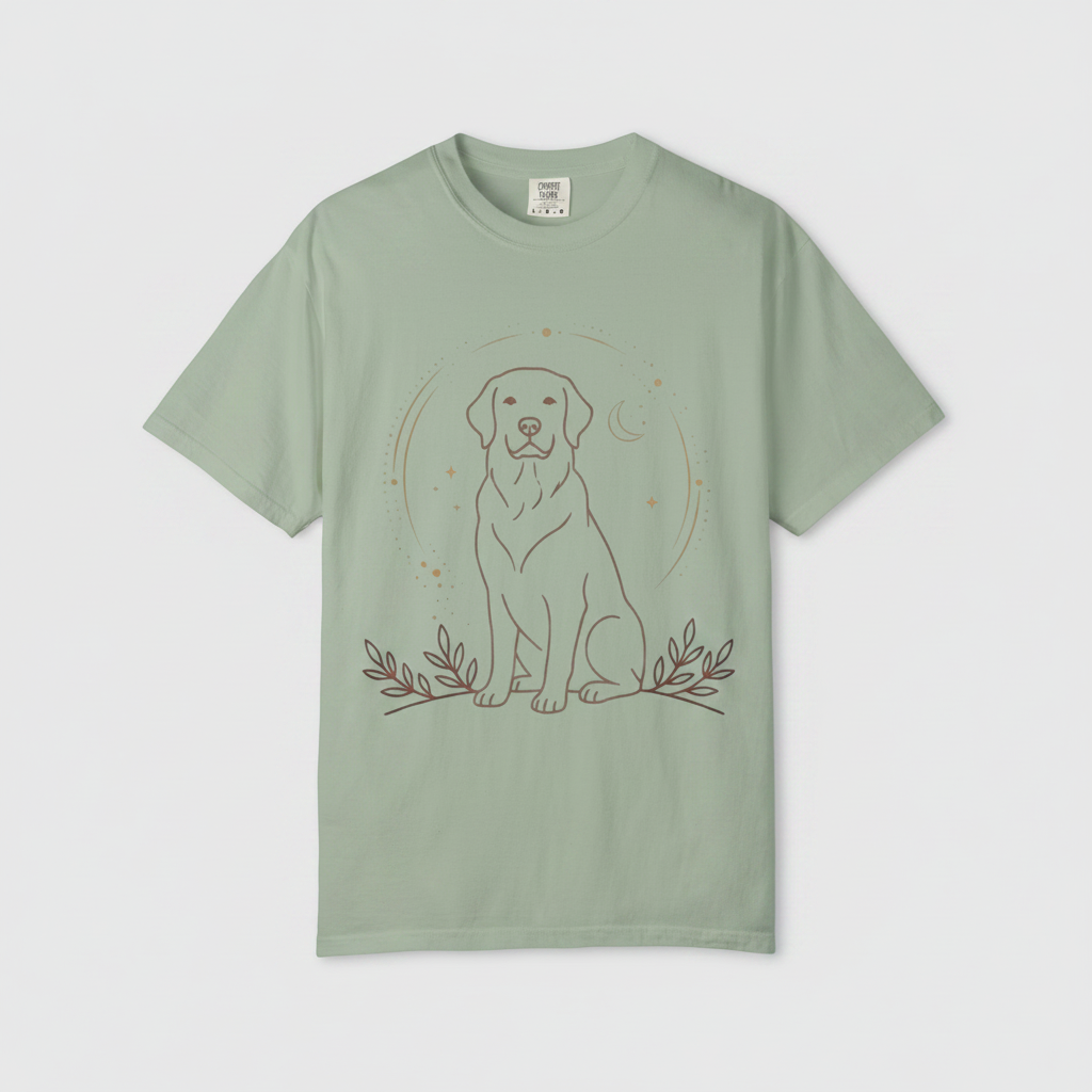 Green t-shirt with a small white logo on a white background
