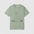 Green t-shirt with a small white logo on a white background