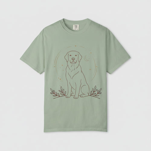 Green t-shirt with a small white logo on a white background