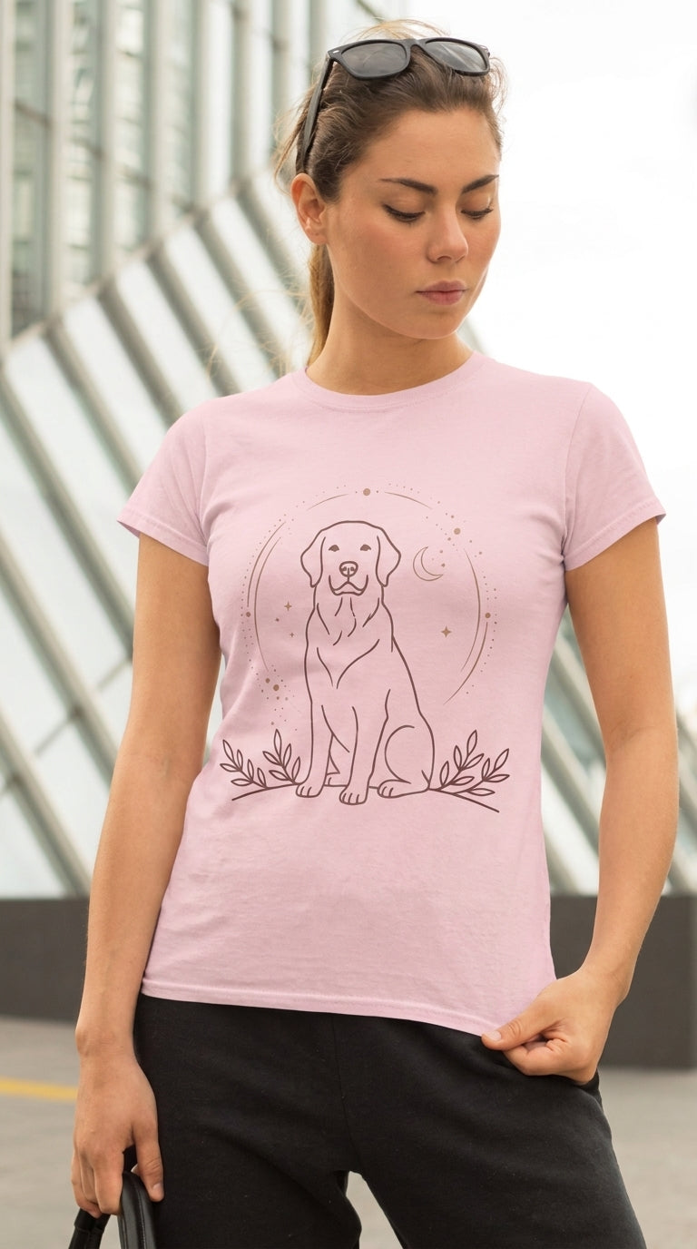 Yellow Labrador Line Art T-Shirt | Minimal Dog Illustration, Botanical Accents