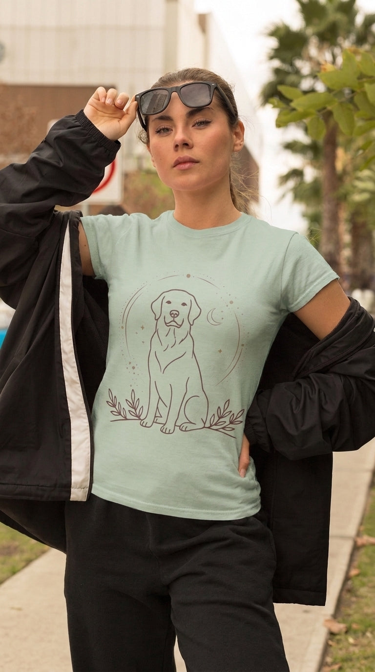 Yellow Labrador Line Art T-Shirt | Minimal Dog Illustration, Botanical Accents