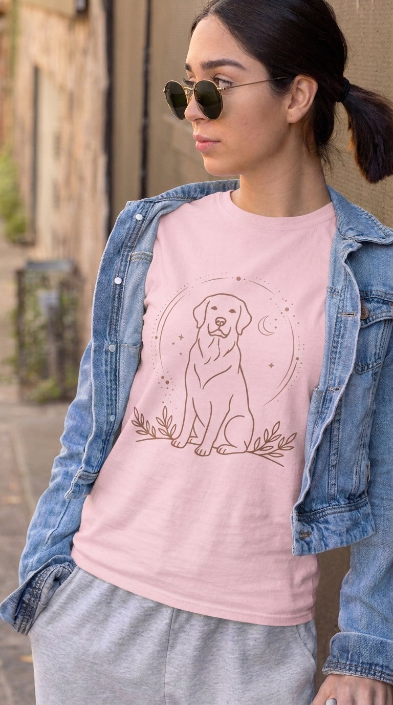 Yellow Labrador Line Art T-Shirt | Minimal Dog Illustration, Botanical Accents